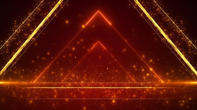 Glowing gold triangular lines, sparkling particles rich tones premium geometric stage, award ceremonies, luxury branding, festive events, titles, presentations, wedding intros and elegant backdrops.