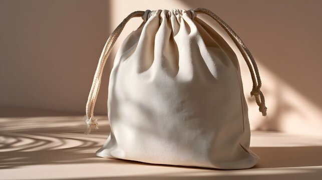 A beige drawstring bag made of raw cotton sits on a smooth surface under soft natural light  casting gentle shadows