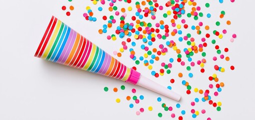 Fototapeta premium Bright background with colorful confetti and a festive party blower, capturing joyful birthday celebration vibes.