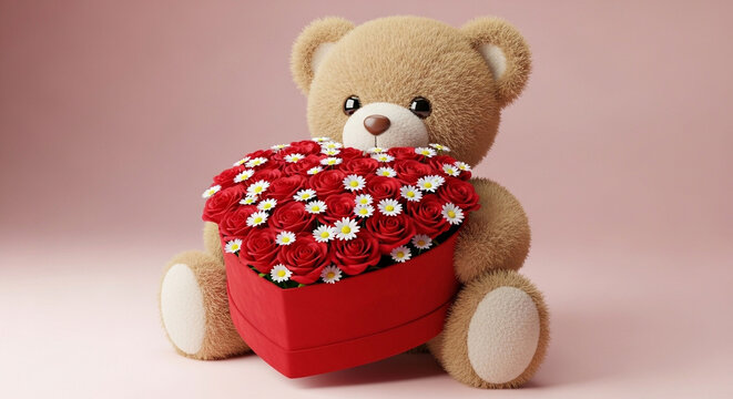 Adorable teddy bear holding heart shaped flower box, plush toy with red roses and daisies, romantic gift for Valentines Day