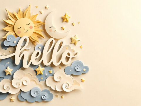 Dreamy hello lettering with smiling sun, crescent moon, stars and fluffy clouds on a soft celestial background.