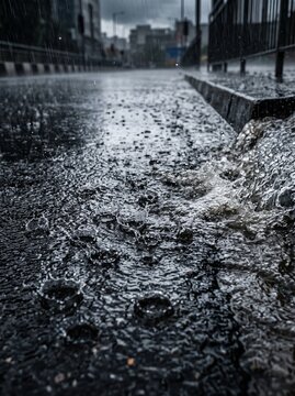 Intense Heavy Rainstorm Splashing on Wet Urban Asphalt Pavement