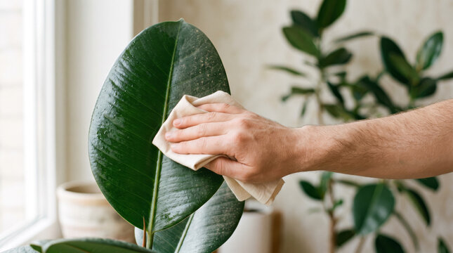 Close up of hands carefully cleaning a dusty Ficus elastica leaf with a damp cloth near a bright window. Indoor gardening, plant lover routine, and foliage care.
