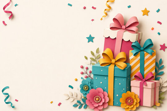 Colorful stack of wrapped birthday gifts with bows, flowers, stars and confetti beside a large blank area.