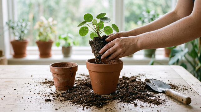 Hands repotting a Chinese money plant Pilea peperomioides into a terracotta pot with fresh soil on a wooden table. Houseplant propagation and gardening concept.
