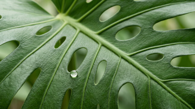 Macro shot of a clear water droplet resting on a fresh green Monstera deliciosa leaf with natural fenestrations. Botanical background, plant care, and moisture concept.