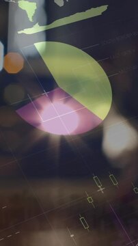 Animation of statistical data processing over blurred view of people walking on the street at night