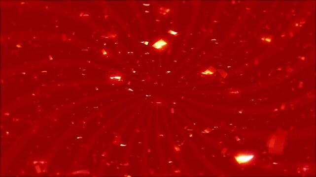 Crimson ribbons metallic paper pieces dramatic tunnel of light. gala announcements, birthday wedding celebrations, success messages, festive transitions entertainment promos, joyful motion backgrounds