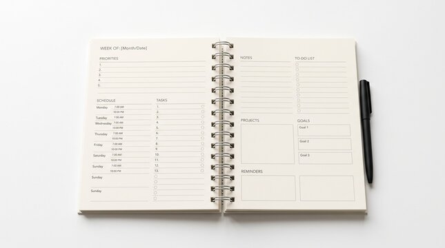 Open Spiral Notebook with Pen on Blank Pages for Business Notes, Office Planning, Personal Diary, Reminders, Organization and Writing Concepts