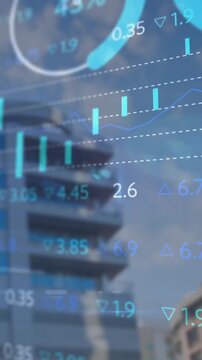 Animation of financial data processing over cityscape