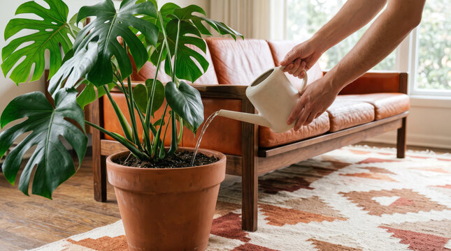 Person watering a large potted Monstera deliciosa plant with a watering can in a cozy living room with a leather couch. Houseplant watering and plant care.