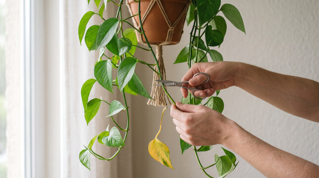 Close up of hands using shears to cut off dry yellow leaves from a hanging ivy or pothos plant near a window. Plant care, pruning, and domestic routine.