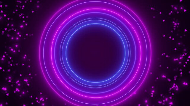Purple and blue neon rings pulse empty circular while triangular particles drift at the edges. logo reveals, gaming intros, music visuals, cyber screens, nightclub promos, and seamless futuristic