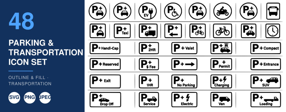 Transportation Icon Set with Parking Symbols, Including Handicap, Electric Vehicle, and Compact Car Designations