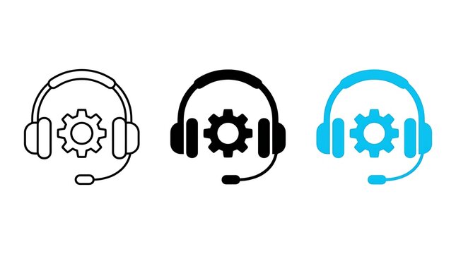 Customer support service headset icons set with gear element symbol in black white and blue colors for technical assistance software setup or online communication digital platforms.