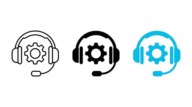 Customer support service headset icons set with gear element symbol in black white and blue colors for technical assistance software setup or online communication digital platforms.