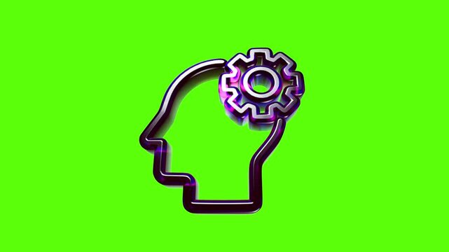 Purple glossy human head silhouette icon with a rotating gear inside representing mental process and thinking
