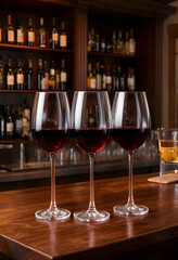 Naklejka premium Wine tasting experience, three glasses of red wine on a wooden bar counter in a restaurant or cellar