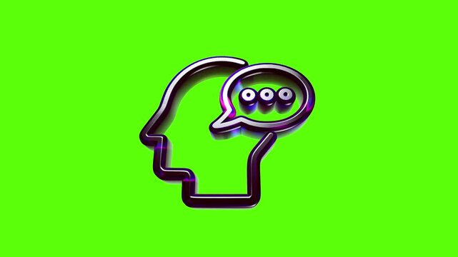 Shiny 3d human head profile icon with a speech bubble showing ellipsis dots representing thinking or chat