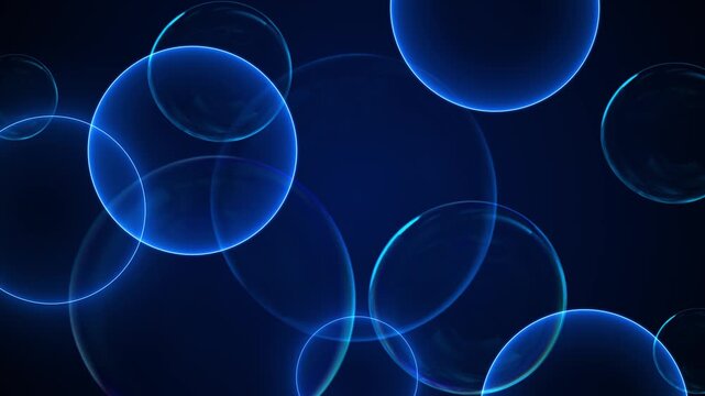 Transparent blue glass bubbles float deep navy background luminous rims, reflections, depth. Ideal for science visuals, cosmetic advertising, skincare promos, water themes, clean 19, calming