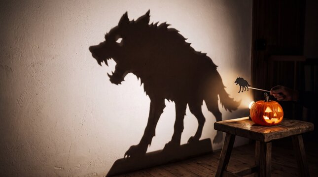 A hand holding a wolf-shaped cutout in front of a glowing jack-o-lantern on a wooden stool, casting a large, detailed shadow of a snarling wolf onto a plain white wall in a dark room