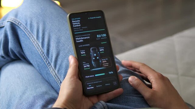 Driver reviews a fictional electric vehicle health dashboard showing battery, engine, tire pressure and brake wear, highlighting predictive maintenance and connected car technology.