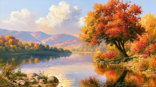 Painting of a Vibrant Autumn Landscape by the Lake with Reflective Water and Colorful Foliage