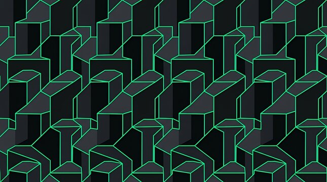 Seamlesspattern displaying repeating dark block shapes bordered with neon emerald piping for a contemporary structural look suitable for upholstery and wrapping paper pattern seamless