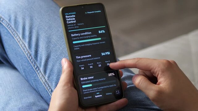 Driver reviews predictive vehicle diagnostics on a smartphone, tracking battery health, tire pressure, brake wear and fluid status for proactive maintenance.