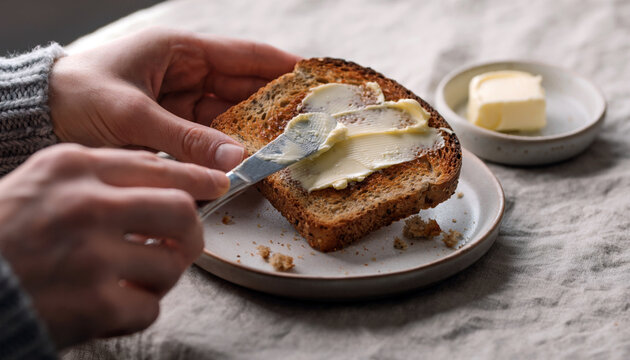 Hand spreading butter on toasted bread with a knife, simple homemade breakfast and everyday comfort food concept with copy space