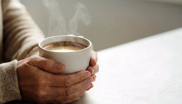 Hands holding a steaming cup of coffee, creating a warm cozy atmosphere with soft natural light and comforting morning lifestyle mood