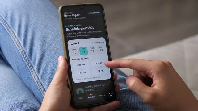 Homeowner uses a smartphone to diagnose uneven heating, choose a repair slot and book a technician, showing how digital services simplify seasonal home maintenance.
