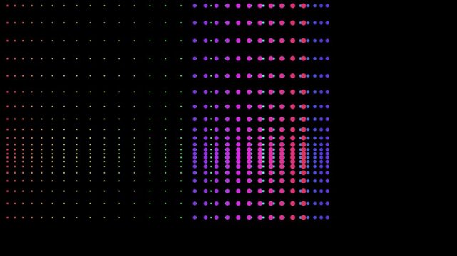Vibrant rainbow LED dot grid flashing rhythmic digital equalizer patterns on black background