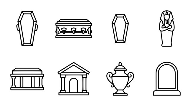 Funeral Icons Set: Coffin, Sarcophagus, Urn, Mausoleum, Tombstone Graphics