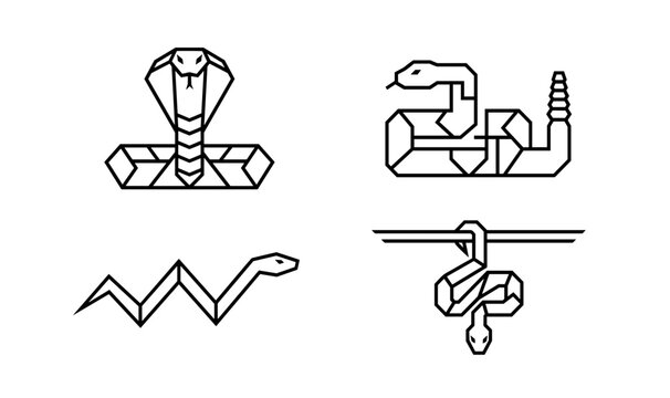 Geometric Snake Line Art Icon Set with Minimalist Cobra Rattlesnake and Viper Symbols for Esoteric Mascot Tattoo and Logo Designs