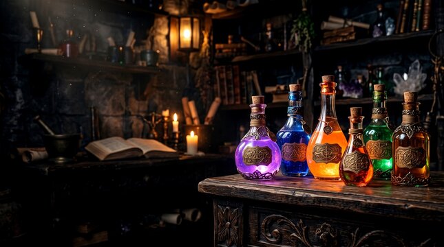Vibrant glowing elixir flasks with ornate labels sit on a carved desk in a mystical wizard library featuring ancient scrolls