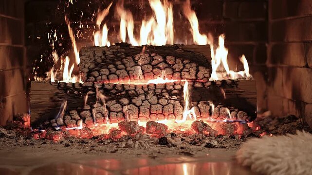 Fuego crepitante con troncos ardiendo y brasas brillantes en una acogedora chimenea r&uacute;stica de piedra y ladrillo.