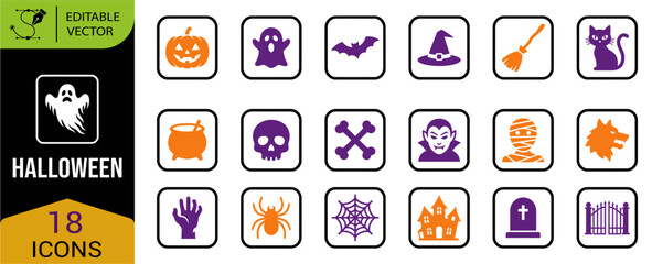 A comprehensive collection of eighteen flat design style halloween icon set elements for seasonal holiday graphic projects © MdHabibur