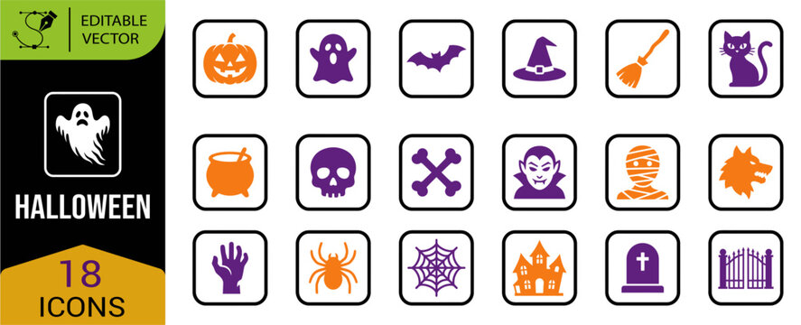 A comprehensive collection of eighteen flat design style halloween icon set elements for seasonal holiday graphic projects