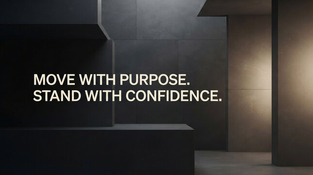 Minimalist architectural interior with motivational text, move with purpose stand with confidence quote, dark concrete walls
