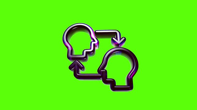 Shiny 3d neon icon showing two heads exchanging ideas or knowledge with arrows on a bright green background