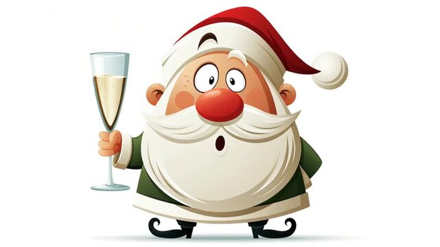 Cute cartoon Santa Claus with a glass of champagne on a white background, animation