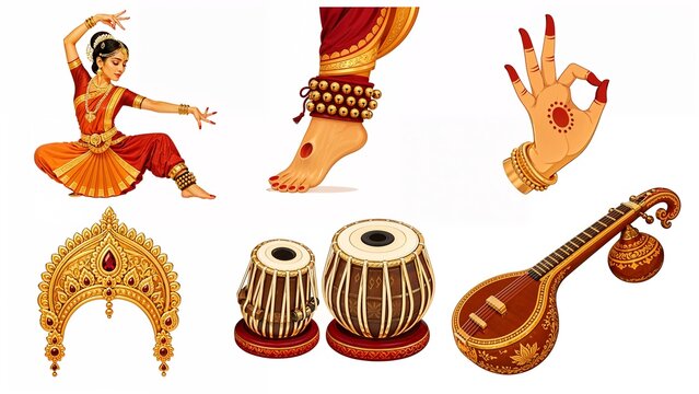 Bharatanatyam dancer illustration six set with anklet, mudra hand, tabla and veena