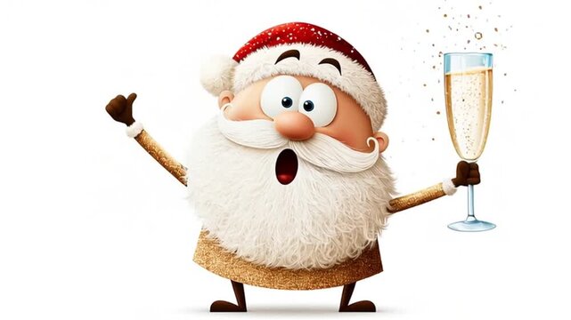 Cute cartoon Santa Claus with a glass of champagne on a white background, animation