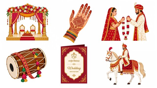 Indian wedding six set flat icons with mandap henna hand dhol and baraat horse