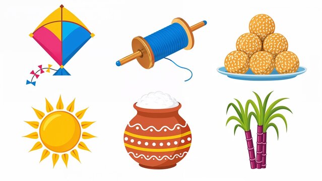 Makar Sankranti flat icons: kite, thread spool, sesame laddu, sun, pot, sugarcane