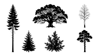 Fototapeta premium Forest Trees and Foliage Silhouette Collection with Pine Oak Birch and Spruce Icons for Nature Landscapes Outdoors Branding and Eco Friendly Graphic Designs