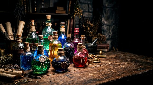 Magical colorful glass potion bottles with wax seals on rustic wooden table in dark medieval alchemist apothecary workshop setting