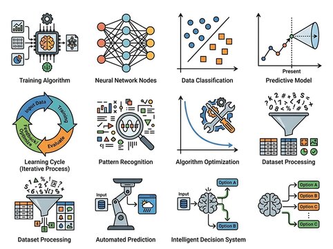 Machine learning and ai process infographic icons