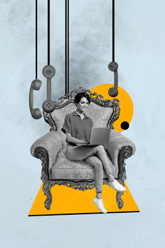 Vertical image poster art collage of happy businesswoman sit office chair hold laptop telephone handset manager workload call